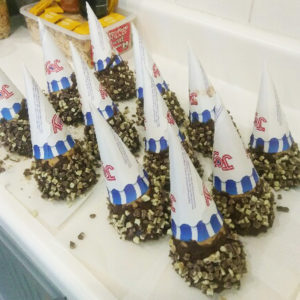 We dip our cones in chocolate and add toppings such as Andes Mints in the wintertime