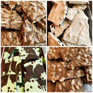 Chocolate Bark in many flavors including mint chip, almond milk, dark almond with caramel and sea salt, and oreo